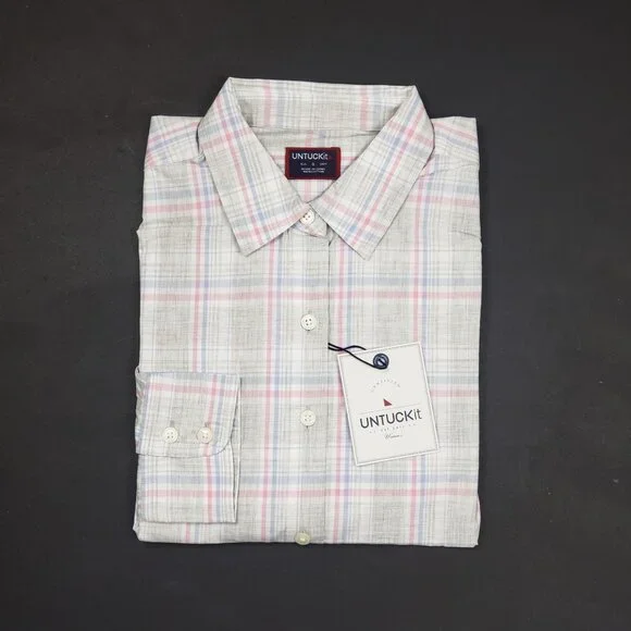 UNTUCKit Chasseles Cotton LS Shirt Lt Blue Green Pink Plaid Womens 0 Regular Fit - Picture 14 of 16